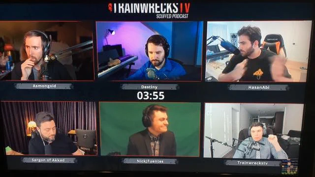 A screenshot of the 2019 debate between Destiny, Hasan Piker, Sargon of Akkad, and Nick Fuentes hosted by TrainwrecksTV and Asmongold. 