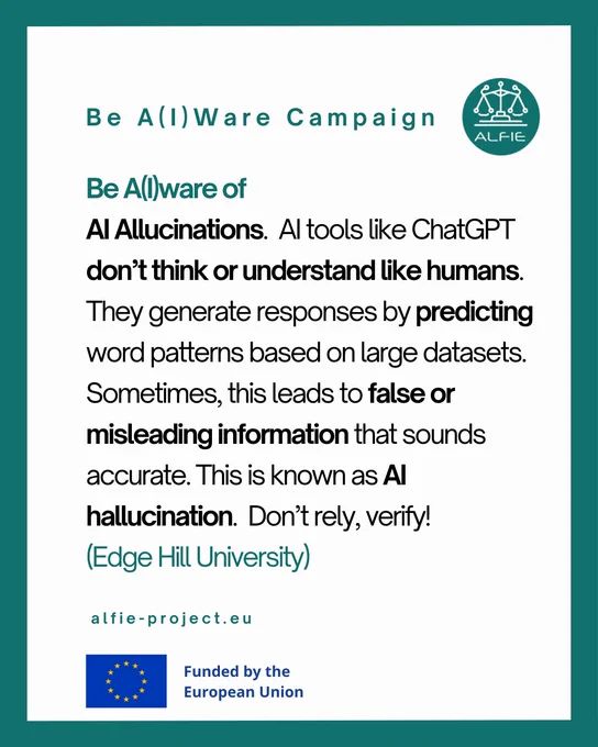 Be A(I)Ware Campaign poster that reads: Be A(I)ware of AI Allucinations. AI tools like ChatGPT don't think or understand like human. They generate responses by predicting word patterns based on large datasets. Sometimes, this leads to false or misleading information that sounds accurate. This is known as AI hallucination. Don't rely, verify! (Edge Hill University). 