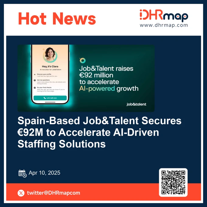 HRTech News: 💼 Spain-based Job&Talent @jobandtalent_hq   raises €92M Series F at a €1.3B valuation to expand globally and scale its AI-powered workforce platform.
Its AI agent Clara has completed 180K  interviews, enabling 7K  hires—matching the work of thousands of recruiters.  📈 Q4 2024 US revenue up 27%.
#HRTech #FutureOfWork #AIRecruiting
dhrmap.com/news/spain-based-jobtalent-secures-e92m-to-accelerate-ai-driven-staffing-solutions