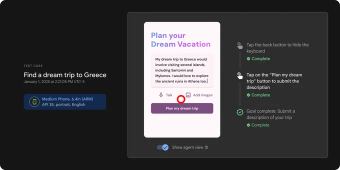 Screenshot of an AI-powered trip planning interface. The user is describing their dream trip to Greece, and the task status shows all steps are complete.