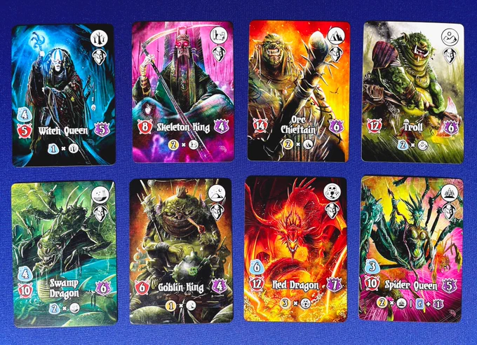 8 Cards that are the bosses from Valeria Card Kingdoms: Witch Queen, Skeleton King, Orc Chieftain, Troll, Swamp Dragon, Goblin King, Red Dragon and Spider Queen