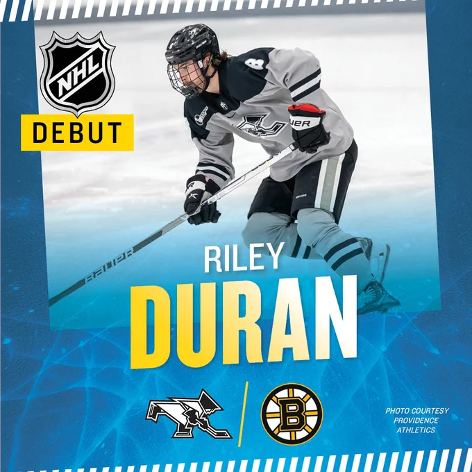 Graphic recognizing Providence's Riley Duran making his NHL debut Thursday with the Boston Bruins.
