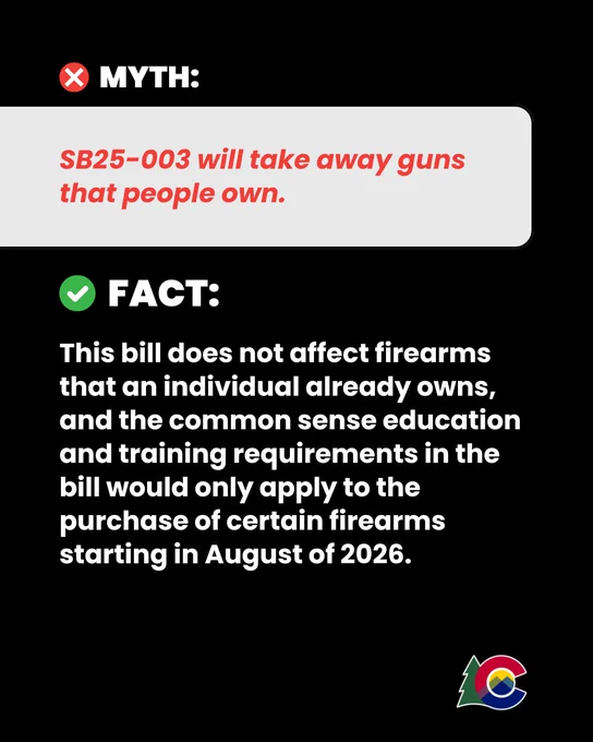 Infographic titled 'Colorado SB25-003 Bill: Myths vs Facts' presenting a comparison of common misconceptions and factual information regarding the Colorado SB25-003 legislation. The graphic visually highlights key points, debunking myths and clarifying the facts to inform viewers about the bill.