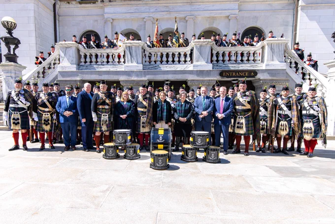 Governor Healey with Atholl Highlanders.