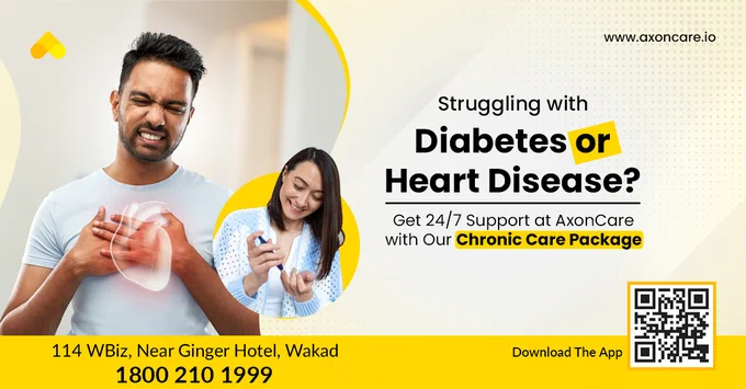 Struggling with Diabetes or Heart Disease? Get 24/7 Support at AxonCare with Our Chronic Care Package

Managing a chronic illness isn’t just about taking medication; it’s about long-term care, early intervention, and continuous support. Conditions like diabetes, hypertension, and heart disease require regular monitoring. Yet, long hospital waits and busy schedules often make getting the care you need difficult.

At AxonCare, we provide a comprehensive, AI-driven Chronic Care Package designed to help you manage your condition effectively without disrupting your daily life. Our approach focuses on preventing complications, improving health outcomes, and giving you access to expert care whenever needed.

Who Is This Package For?
This package is ideal for individuals managing diabetes, heart disease, hypertension, chronic kidney disease, respiratory conditions like asthma or PCOD, thyroid disorders, neurological conditions like stroke recovery, Parkinson’s, and arthritis, etc.

What’s Incl