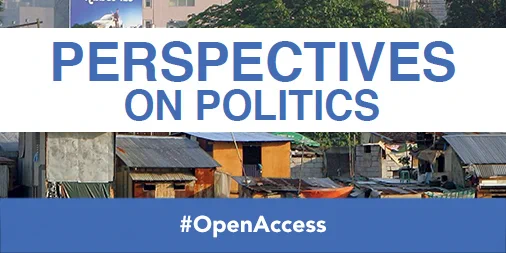 Banner for Perspectives on Politics featuring an image of a humble urban area with small buildings, overlaid with the text 'Perspectives on Politics' and the hashtag 'OpenAccess'.