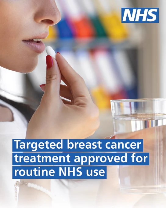 Close-up of a woman holding a pill near her mouth with one hand and a glass of water in the other. Text on the image reads: Targeted breast cancer treatment approved for routine NHS use. NHS logo appears in the top right corner.
