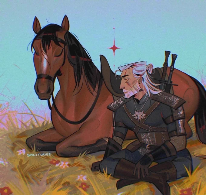 Stylized artwork of Geralt of Rivia sitting next to his brownish-red horse Roach in a green field of wild grass and flowers.