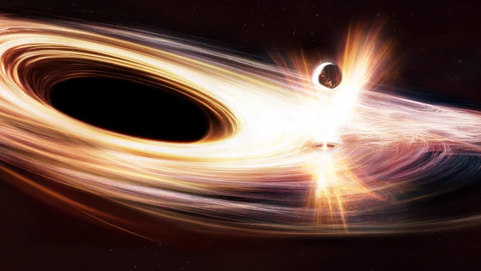 A bright disc of purplish, white and gold lines encircles a black ellipse-shaped area, that looks like a hole in space. A ball of shining material pierces through the disc; an eruption of bright white-to-gold rays encircles the small hole in the disc provoked by the passage of the shining ball.
