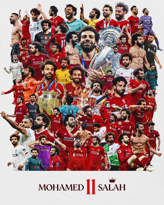 A graphic including a number of images of Mo Salah celebrating and holding trophies throughout his time at Liverpool FC