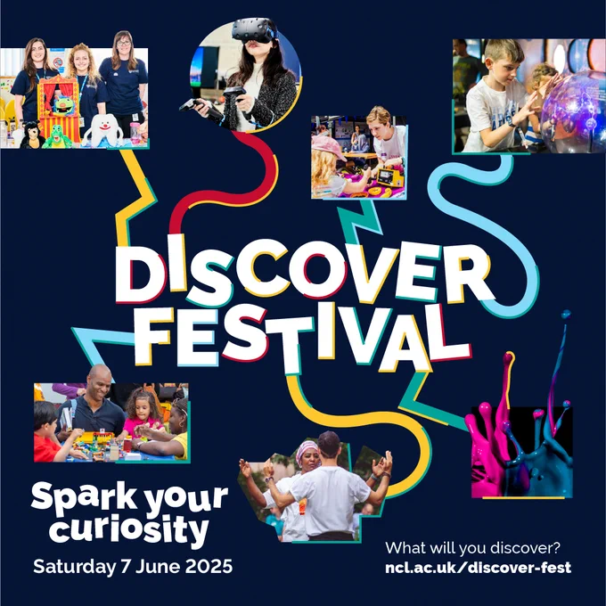 Promotional graphic for Discover Festival, featuring a collage of diverse people engaged in various activities like virtual reality, science experiments, and crafts. Text highlights event details: 'Spark your curiosity', 'Saturday 7 June 2025', and a website link for more information.