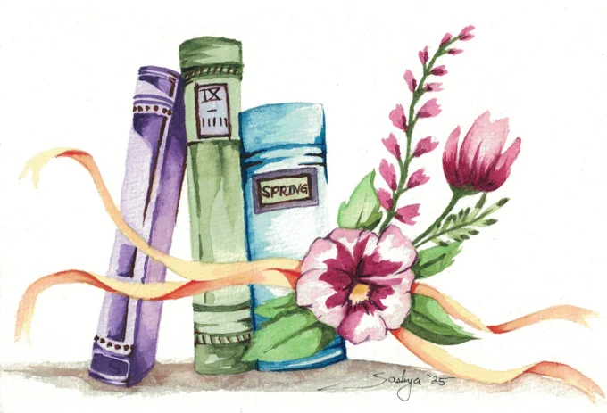 This is a watercolor painting of 3 books with pink spring flowers and a ribbon around them. The first book is purple. The middle book is green and has the text "IX." The third book is fat and blue and has the text "Spring" on it. The ribbon is yellow and peach.