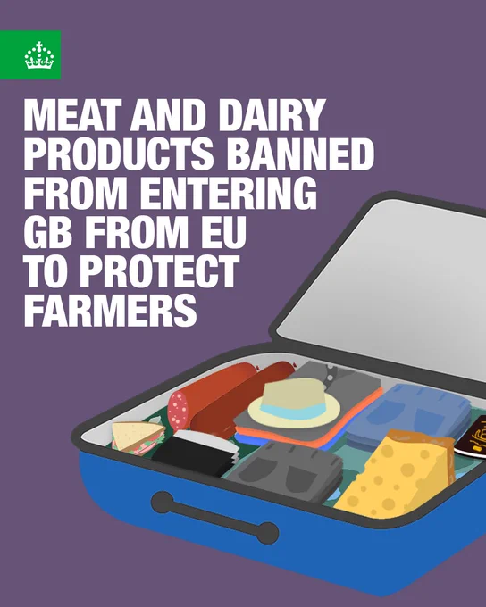 Graphic illustrating a suitcase containing various meat and dairy products with text stating "Meat and dairy products banned from entering EU to protect farmers." 