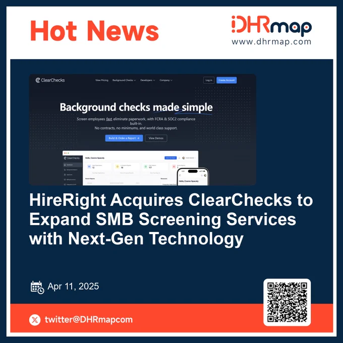 HRTech News: @HireRight  has announced the acquisition of ClearChecks, a background screening company focused on small-to-medium-sized businesses (SMBs). This move aims to enhance HireRight's self-service platform, backgroundchecks, by integrating ClearChecks’ intuitive design, ATS integration, and live support. The acquisition reflects HireRight’s ongoing investment in modernizing workforce risk management solutions for growing companies and reinforces its leadership in the SMB background screening space.
https://www.dhrmap.com/news/hireright-acquires-clearchecks-to-expand-smb-screening-services-with-next-gen-technology