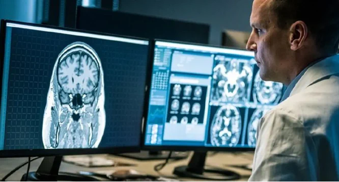 Researcher looking at a brain scan on a computer screen.