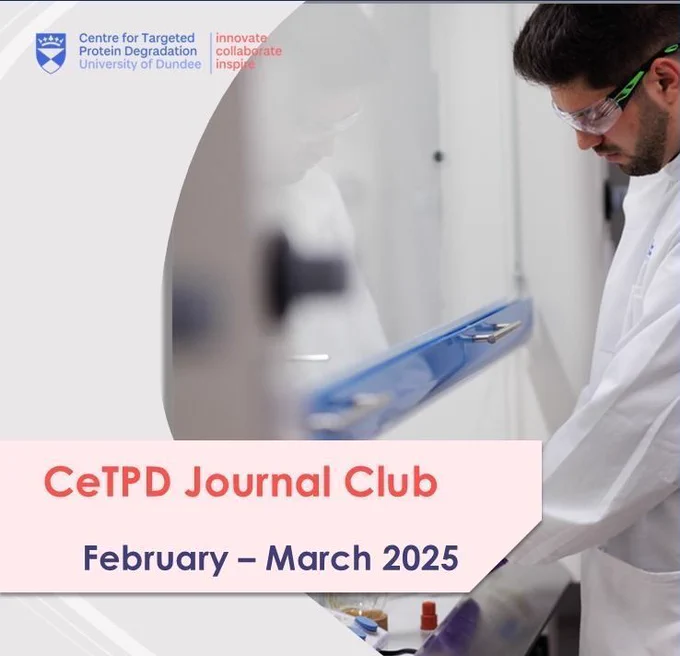 Front page for February to March 2025 Journal club showing a scientist at their fume hood