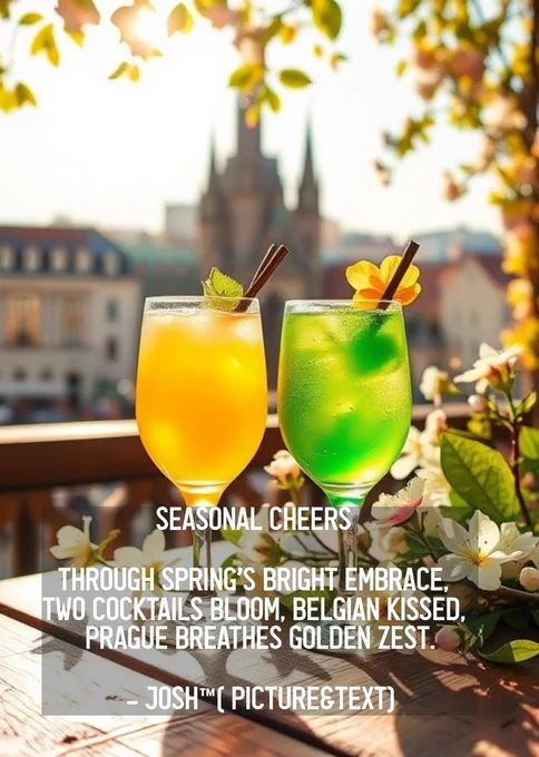 Seasonal Cheers  

Through spring’s bright embrace,  
two cocktails bloom, Belgian kissed,  
Prague breathes golden zest..
©ʝՌ✔ #haiku