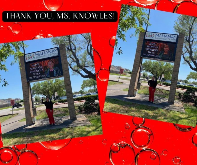 Thank you, Ms. Knowles!  Two photos of Ms. Knowles under the marquee.