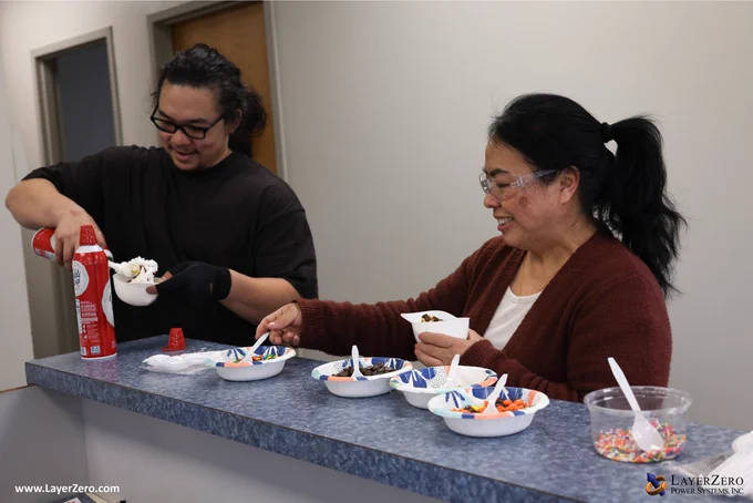 This image features a man and a woman holding white, plastic bowls in the shape of a baseball cap with chocolate and vanilla ice cream in it.The man is putting whipped cream from a can on top of his ice cream. The woman is putting candy toppings on top of her ice cream while smiling. There are 5 bowls of toppings to choose from and spoons on either side of the toppings. The bottom left corner has text that reads www.LayerZero.com. The bottom right corner has the LayerZero logo.