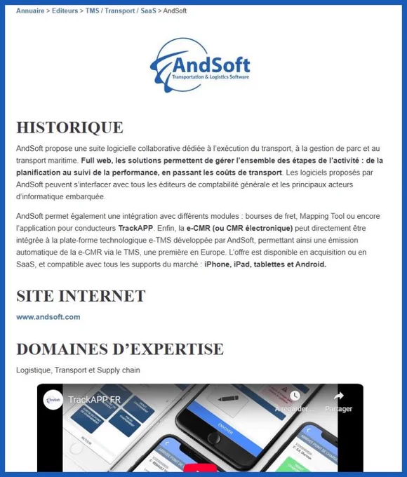 Aujourd’hui, zoom sur AndSoft Transportation & Logistics Software e-TMS©, éditeur de logiciels full web dédié à la gestion du transport et de la logistique, capable d’accompagner des environnements complexes et multi-pays.