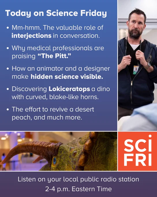 Today on Science Friday 

Mm-hmm. The valuable role of interjections
Why healthcare workers are praising “The Pitt.”
How an animator and a designer make hidden science visible. 
Discovering Lokiceratops a dino with curved, blake-like horns.
A hardy peach that grows in the desert, and much more. 
Listen on your local public radio station 2-4 p.m. Eastern Time.
