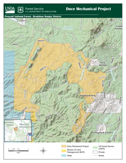 Region 3, Prescott National Forest
Forest Service News Release
(928) 443-8000
sm.fs.prescottpao@usda.gov
www.fs.usda.gov/prescott
Mechanical thinning beginning on the Bradshaw Ranger 
District
Notification for Public Health and Safety
Prescott, Ariz, April 11, 2025-Beginning Monday April 14, contractors working on the Doce Mastication 
Project in the Bradshaw Ranger District will be using a combination of heavy equipment and hand crews to 
masticate brush, followed by thinning and hand piling hazardous fuels within approximately 1,965-acre
project area. This project is being implemented under the Hassayampa Landscape Restoration Project. 
The project area is located on national forest lands West of Prescott, Arizona. 
