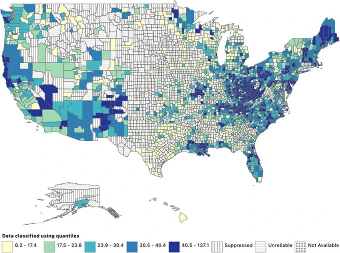 Map of drug-related mortality across the U.S., divided by county.