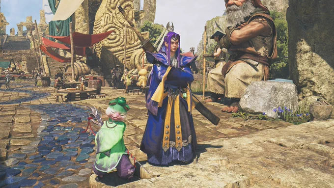 Screenshot from the video game Monster Hunter Wilds. My character and cat companion are dressed up to look like Jinshi and Maomao from the anime The Apothecary Diaries.