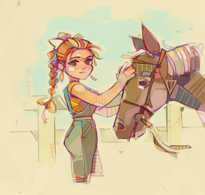 Illustration of the character Ann from the Harvest Moon franchise, petting a horse’s head.  She is a farmgirl with orange hair pulled back into a white bow and long braid.  She is angled to our right, towards a flaxen, bridled horse, but her head is turned towards the viewer with a tiny lift of the mouth corner: a subtle smile.  She wears a yellow short-sleeve tee under blue overalls.  The background is lazy but hopefully bucolically evocative, hinting at the shapes of a ranch rail fence behind her.