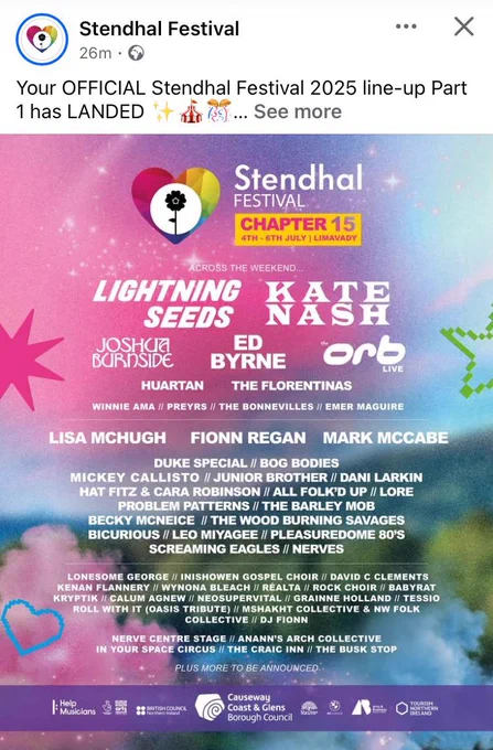 Poster for Stendhal festival 2025 4th - 6th July in Limavady showing lineup. Main acts are - lightning seeds and Kate Nash. Joshua Burnside, Ed Byrne and the orb are also featured. Many other acts also listed below.