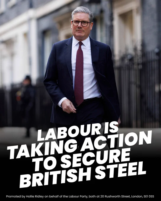 A graphic with an image of the Prime Minister, Keir Starmer, at Downing Street. Text on the graphic reads: Labour is taking action to secure British steel.