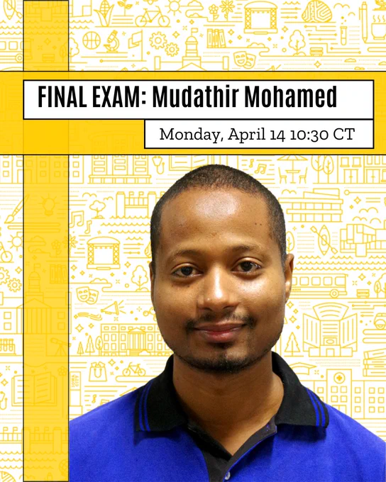 Mudathir Mohamed portrait with Monday 4/14 10:30 time; on stylized UIowa campus building background.