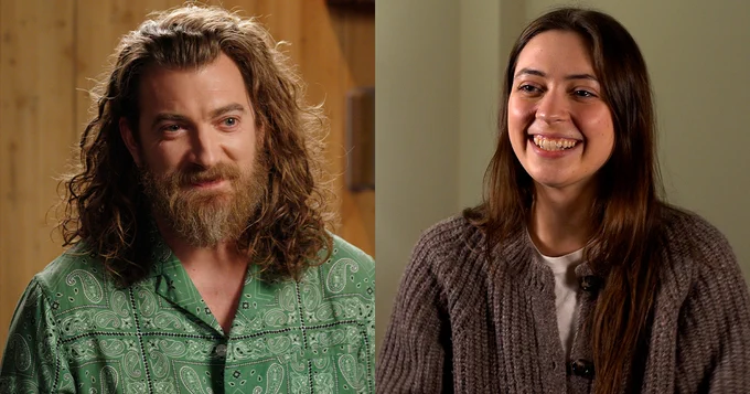 Two images side by side. Rhett on the GMM stage is looking ahead, while Lizzy sits in a different location while also looking ahead