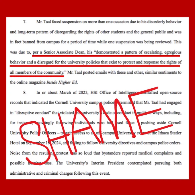 The image shows text from ICE’s documents including a quote from a Senior Associate Dean (Liang), with the word SHAME imposed on top.
