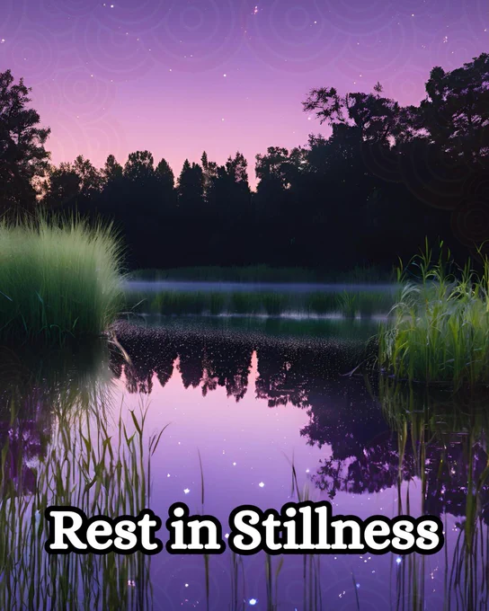 A tranquil lake reflects a twilight sky painted in shades of deep purple and soft pink, dotted with the first stars of the evening. Tall, slender grasses frame the water's edge, their silhouettes mirrored perfectly in the still, glassy surface. In the distance, a dense forest of trees stands dark against the fading light, adding a sense of depth and mystery to the scene. At the bottom of the image, bold white text with a black outline reads, "Rest in Stillness," inviting a moment of calm and introspection amidst the serene landscape.