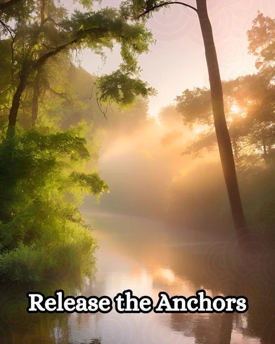 A serene river scene at sunrise, with golden sunlight filtering through a misty forest. Tall trees with lush green foliage frame the water, their branches gently arching over the calm, reflective surface. The warm glow of the sun casts a soft, ethereal haze, illuminating the landscape in a dreamy, peaceful light. At the bottom of the image, bold white text with a black outline reads, "Release the Anchor," inviting a sense of freedom and movement amidst the tranquil setting.