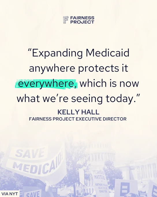 Alt text: Pull quote from Fairness Project Executive Director Kelly Hall that reads, “Expanding Medicaid anywhere protects in anywhere.” Via the New York Times
