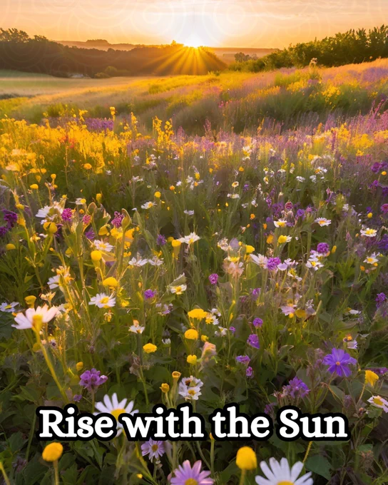 A vibrant meadow bursts with wildflowers in full bloom, a colorful tapestry of purples, yellows, and whites stretching across rolling hills. The sun rises on the horizon, casting a warm golden glow that bathes the landscape in soft light, with rays piercing through the distant trees and creating a radiant halo effect. The sky above transitions from deep orange to pale blue, signaling the start of a new day. At the bottom of the image, bold white text with a black outline reads, "Rise with the Sun," inspiring a sense of renewal and energy amidst the natural beauty.