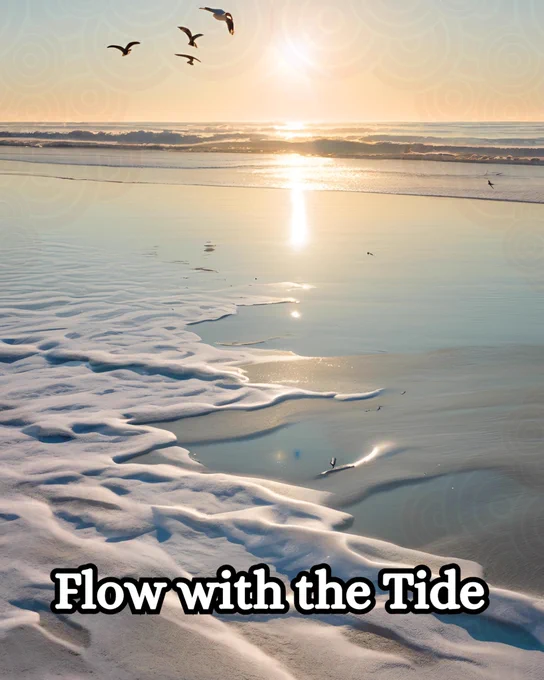 A serene beach at sunrise, where gentle waves lap against the smooth, wet sand, creating delicate patterns that reflect the golden light of the rising sun. The ocean stretches to the horizon, its surface shimmering with the first rays of dawn, while a few seagulls soar gracefully in the sky, their silhouettes dark against the soft pastel hues of pink and orange. The sun hovers just above the water, casting a radiant glow that illuminates the scene with warmth and tranquility. At the bottom of the image, bold white text with a black outline reads, "Flow with the Tide," evoking a sense of harmony and surrender to nature's rhythm.