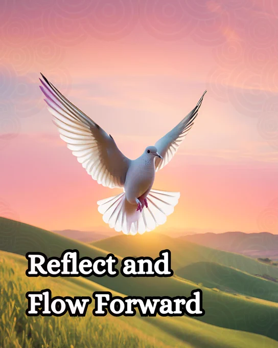 A graceful white dove soars with wings spread wide, illuminated by the soft glow of a setting sun. The sky behind it is a delicate blend of pink and orange, casting a warm light over the rolling green hills below. The landscape stretches into the distance, with layers of gentle slopes fading into a hazy horizon, creating a sense of depth and serenity. At the bottom of the image, bold white text with a black outline reads, "Reflect and Flow Forward," encouraging a moment of introspection and progression amidst the peaceful scene.