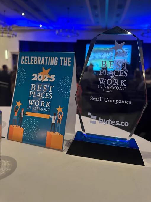 The Bytes.co Best Places to Work in Vermont award on a table