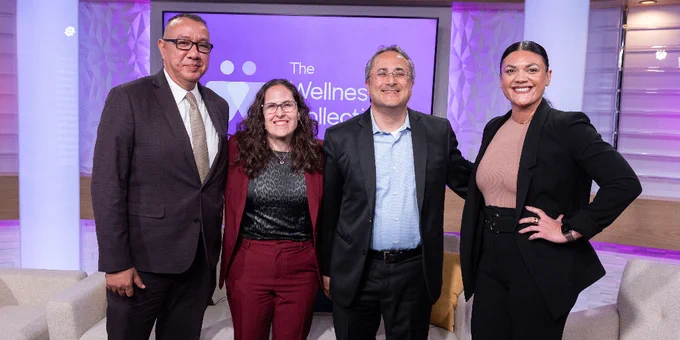 Group photo of Adelante Healthcare CEO Pedro Cons; AACHC President and CEO Jessica Yanow; Mercy Care CMO Dr. Gagan Singh; STN producer and host, Erin Moran