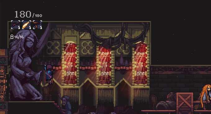 A screenshot from the game Redo! by developer Robson Paiva. It shows the player character climbing a ladder as a ghoul walks towards them to their right.