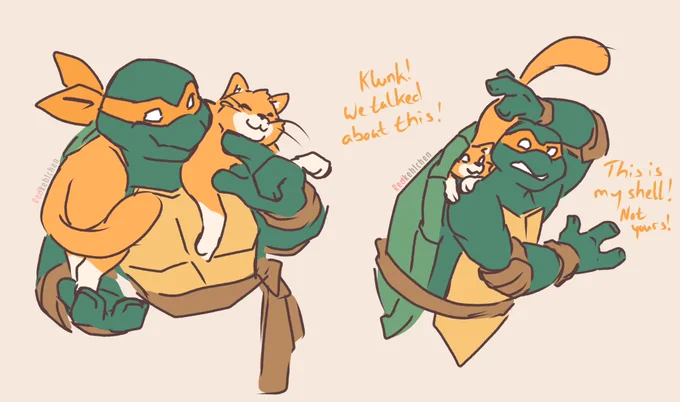 2 digital drawing of 2003 Mikey and Klunk. 
In the first one Klunk is on Mike‘s shoulders and he is scratching her under her chin.
in the next one Klunk is squeezing in the space between Mike‘s head and shell. He is telling her „Klunk! We talkes about this! This is my shell, not yours!“