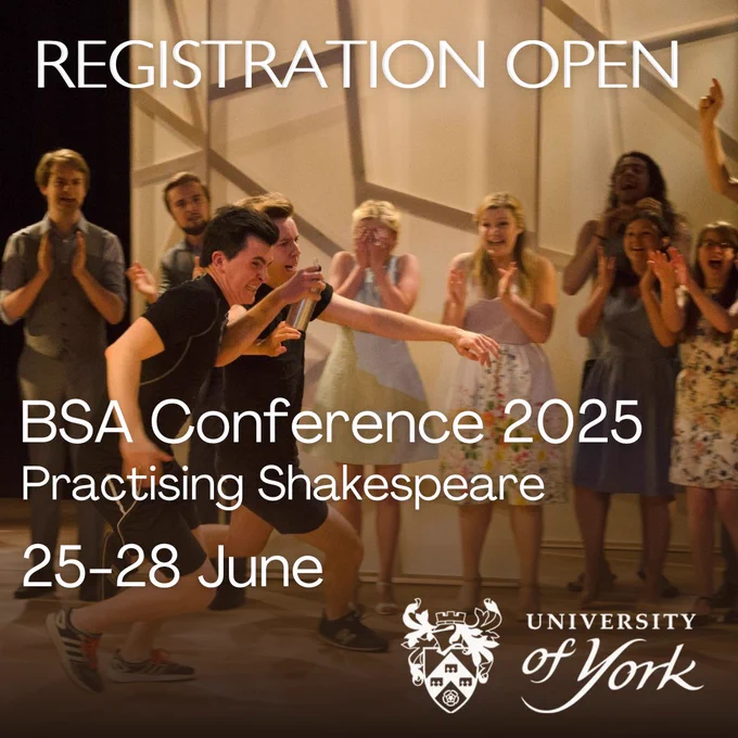 Scene from a theatre show: two young men running an intense race while others cheer them on. The words 'registration open, BSA conference 2025' are written over the top.