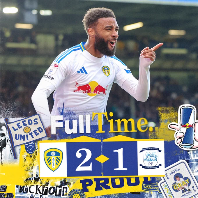Full-time graphic showing: Leeds United 2-1 Preston North End. Jayden Bogle celebrates his goal.