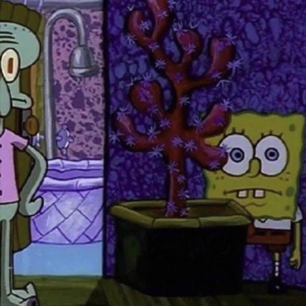squidward trying to find spongebob but he’s hiding behind a plant in a dark room