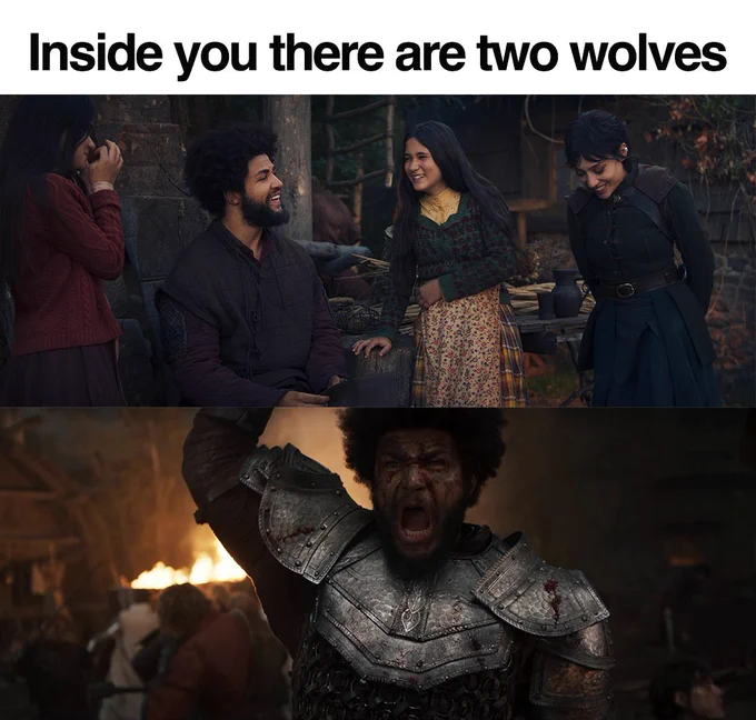 The text at the top of the image reads "Inside you there are two wolves." There are two images underneath, the first being Perrin Aybara (Marcus Rutherford) laughing with Faile Bashere (Isabella Bucceri) and Mat Cauthon's sisters, Eldrin and Bode (Lilibet Biutanaseva and Litiana Biutanaseva). The second is Perrin during the battle of the Two Rivers, yelling whilst bloody with his arm in the air.