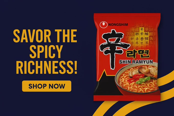 A rectangular promotional banner for Shin Ramyun instant noodles by Nongshim. The background is a rich, dark navy blue with a subtle texture. On the right side, there is a high-resolution image of a red Shin Ramyun packet, showing Korean characters and the Nongshim logo. The packet is slightly tilted for a dynamic look. On the left side, large bold white text says “SAVOR THE SPICY RICHNESS!” in all caps. Below the text is a yellow rectangular button with the words “SHOP NOW” in black, uppercase letters. The design uses contrasting colors – red, gold, and navy – to emphasize heat, flavor, and excitement, targeting fans of bold and spicy food.