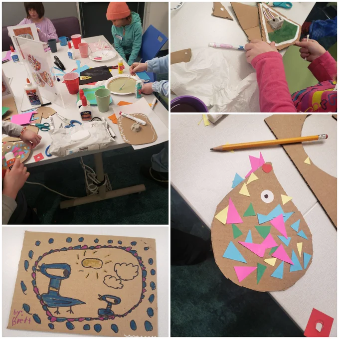 Collage photo. Large top left photo shows kids painting, cutting, and colouring with a large array of craft supplies. A smaller top right photo shows a girl making a 3D bunny portrait. Small bottom left photo is a drawing of mo willems' Pigeon character on cardboard. Large bottom right photo is a hedgehog made out of cardboard and with multi-coloured construction paper triangles glued on for spikes.